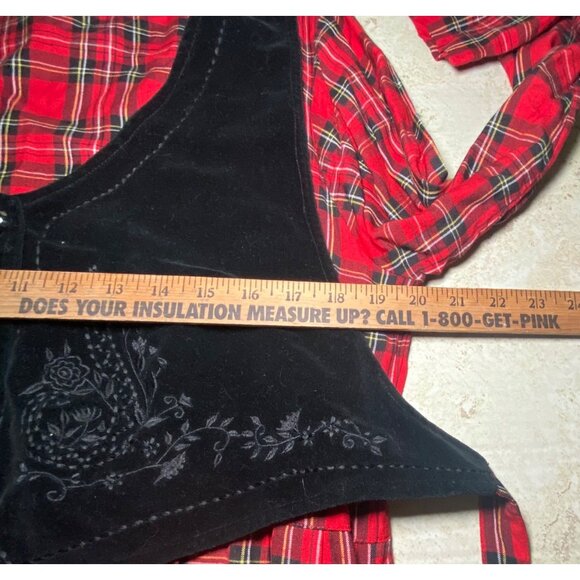 Red Plaid Long Sleeve Christmas Dress With Black Attached Velvet Vest Modest - Picture 5 of 8